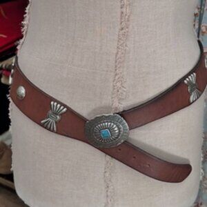 VTG Ralph Lauren Brown Belt Concho western Silver Turquoise Buckle
